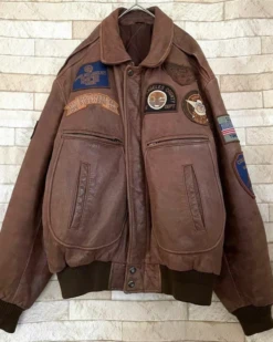 A-2 Flight Genuine Leather Embroidery Patch Quilted Brown Jacket