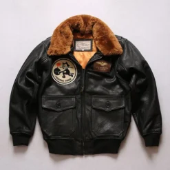 Air Force G-1 Pilot Fur Collar Black Cowhide Leather Bomber Jacket