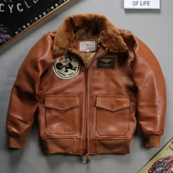Air Force G-1 Pilot Fur Collar Orange Cowhide Leather Bomber Jacket