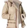 Alicia Beige Shearling Fur Hooded Leather Jacket -Us Military Jacket Alicia Flight Pilot Aviator Shearling Fur Beige With Detachable Hood Jacket