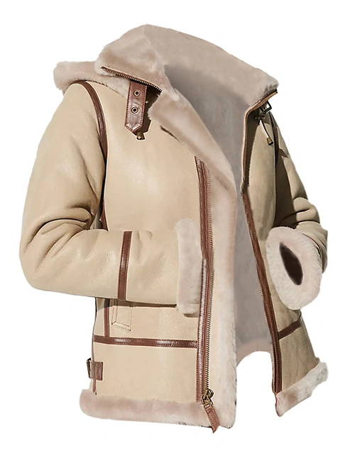 Alicia Beige Shearling Fur Hooded Leather Jacket