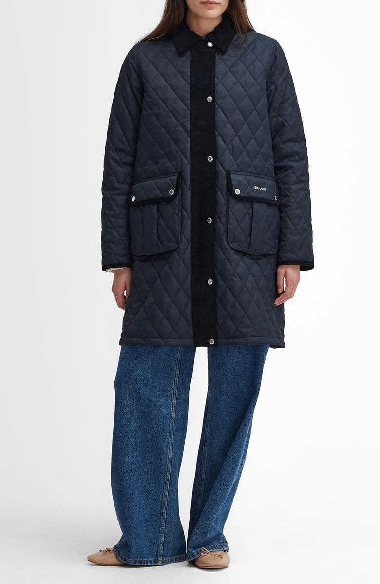 Barbour Navy Blue Tulip Corduroy Trim Quilted Coat 3 Barbour Navy Blue Tulip Corduroy Trim Quilted Coat