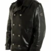 Mens Leather Navy Peacoat -Us Military Jacket Black Leather Pea Coat