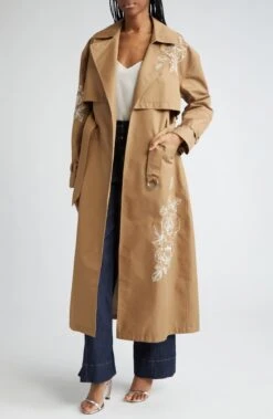 Cinq À Sept Astrid Embroidered Floral Cotton Blend Trench Coat