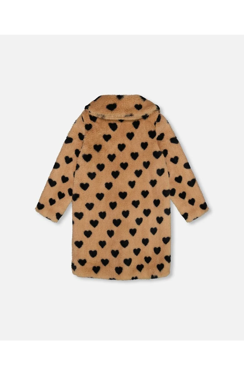 Deux Par Deux Girl’s Faux Fur Caramel Printed Heart Long Coat 4 Deux Par Deux Girl’s Faux Fur Caramel Printed Heart Long Coat - Image 2