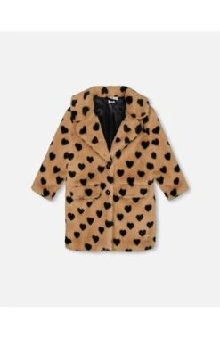 Deux Par Deux Girl’s Faux Fur Caramel Printed Heart Long Coat