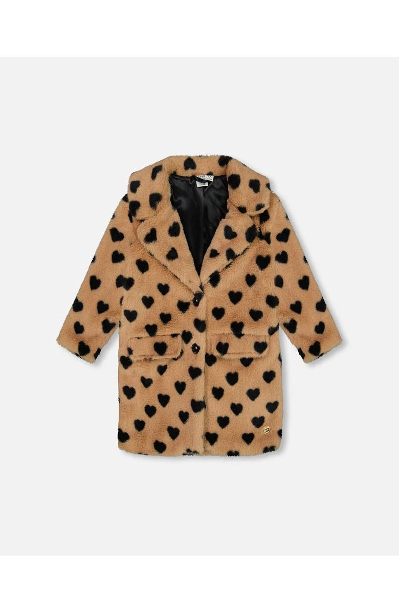 Deux Par Deux Girl’s Faux Fur Caramel Printed Heart Long Coat 3 Deux Par Deux Girl’s Faux Fur Caramel Printed Heart Long Coat