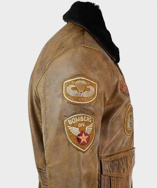 Devin Aviator Tan Bomber Brown Jacket With Patches 4 Devin Aviator Tan Bomber Brown Jacket With Patches - Image 2