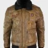 Devin Aviator Tan Bomber Brown Jacket With Patches -Us Military Jacket Devin Aviator Fur Collar Tan Bomber Brown Jacket With Patches