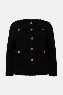 Karenmillen Black Frayed Edged Textured Military Jacket