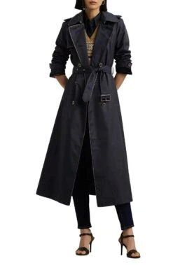 Lauren Ralph Navy Blue Double Breasted Belted Water Repellent Trench Coat