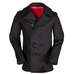 Men’s Navy Leather Trim Wool Peacoat