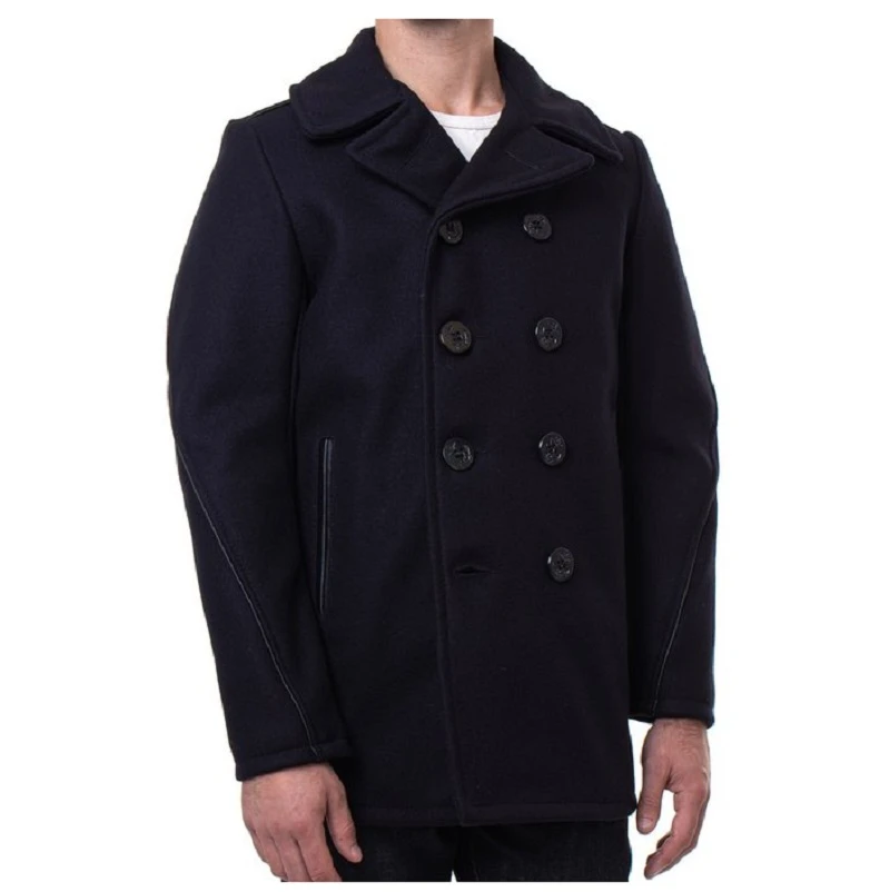 Men’s Navy Leather Trim Wool Peacoat 5 Men’s Navy Leather Trim Wool Peacoat - Image 3