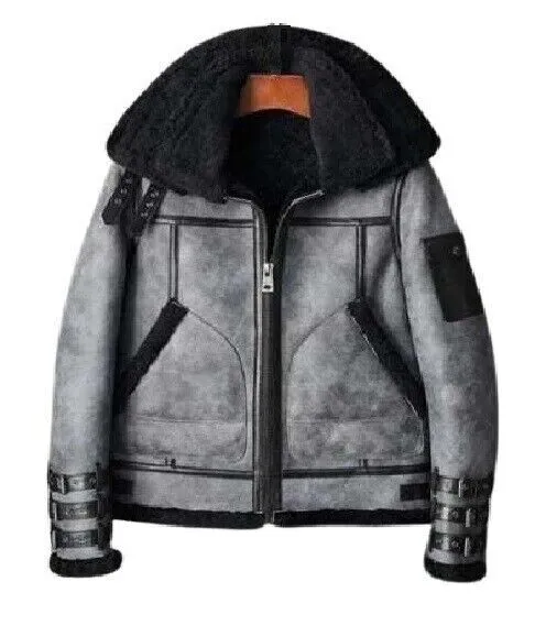 Men B-3 RAF Waxed Double Collar Grey Leather Aviator Flying Jacket 3 Men B-3 RAF Waxed Double Collar Grey Leather Aviator Flying Jacket