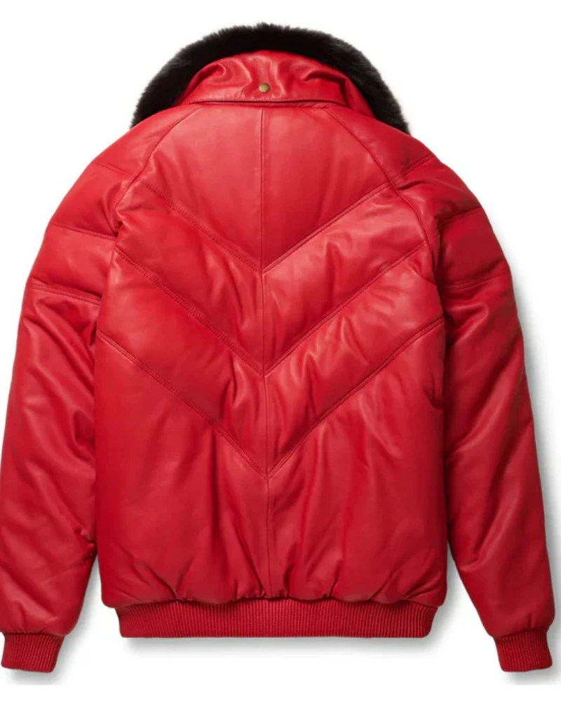 New Men B-3 Red Leather V-bomber Jacket With Black Fur Collar 4 New Men B-3 Red Leather V-bomber Jacket With Black Fur Collar - Image 2