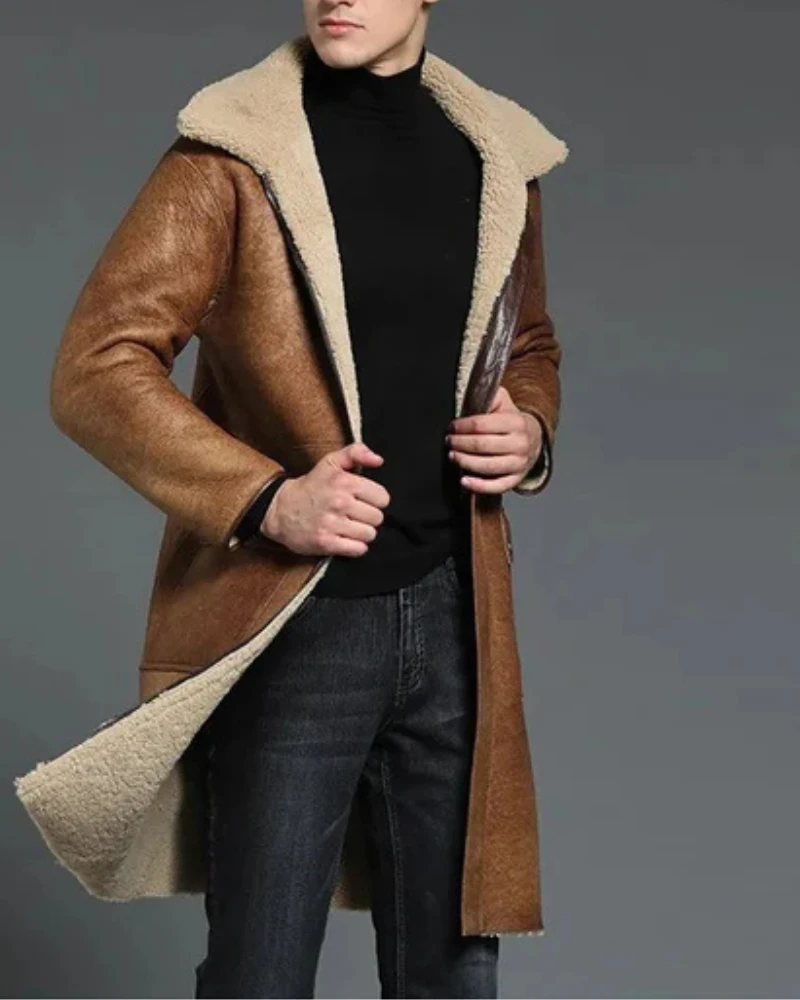 Men’s B-3 Shearling Brown Long Winter Slim Coat 6 Men’s B-3 Shearling Brown Long Winter Slim Coat - Image 4