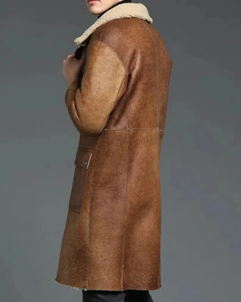 Men’s B-3 Shearling Brown Long Winter Slim Coat 5 Men’s B-3 Shearling Brown Long Winter Slim Coat - Image 3