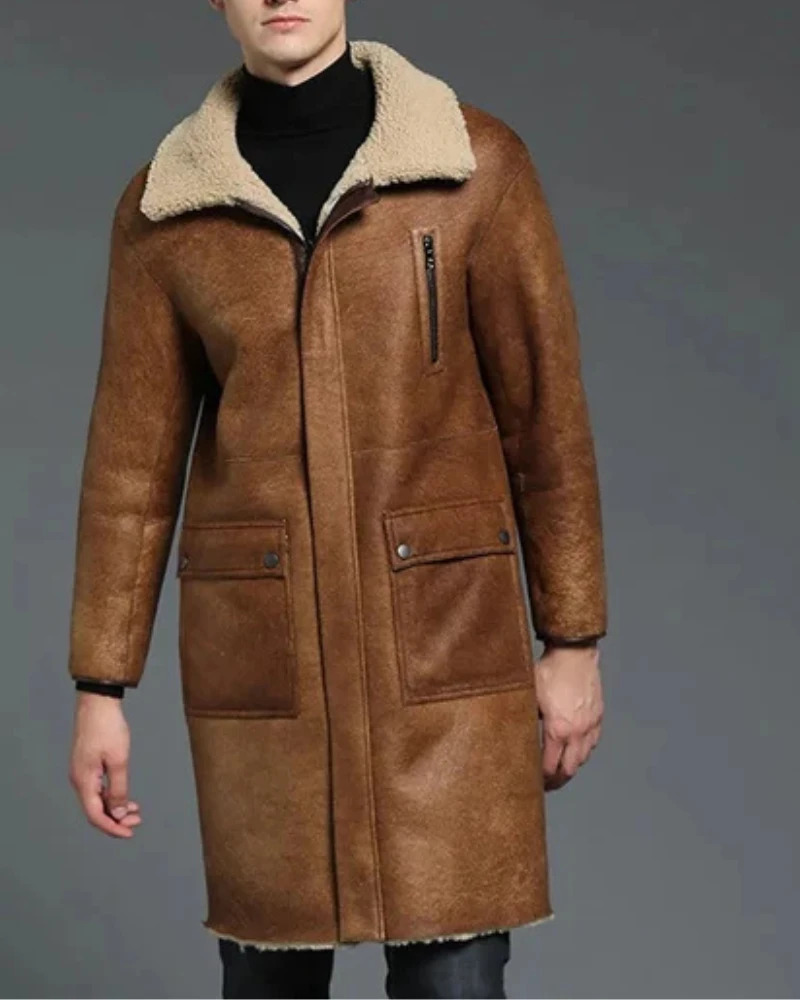 Men’s B-3 Shearling Brown Long Winter Slim Coat 4 Men’s B-3 Shearling Brown Long Winter Slim Coat - Image 2
