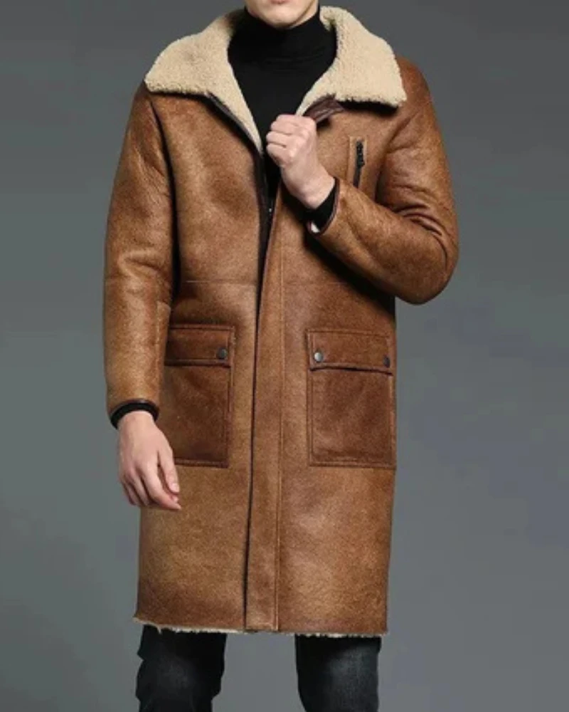Men’s B-3 Shearling Brown Long Winter Slim Coat 3 Men’s B-3 Shearling Brown Long Winter Slim Coat