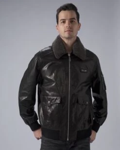 Men’s Black G-1 Aviator Leather Jacket With Fur Collar