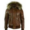 Mens Brown Leather Fur Hood Bomber Jacket