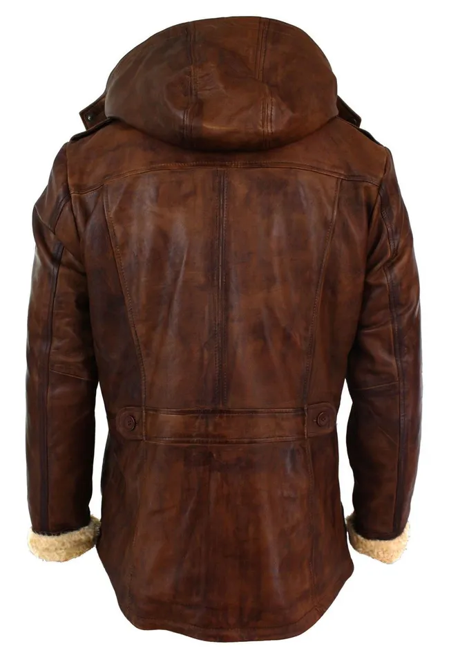 Men’s Brown Leather Hooded Field Jacket 4 Men’s Brown Leather Hooded Field Jacket - Image 2