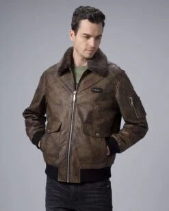 Men’s G-1 Aviator Green Leather Jacket Removable Fur Collar -Us Military Jacket Mens G 1 Aviator Green Leather Jacket
