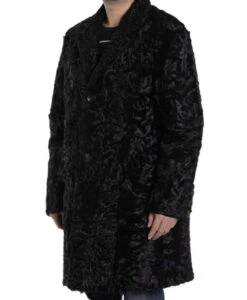 Men’s Persian Lamb Fur Mid Length Black Coat -Us Military Jacket Mens Real Persian Astrakhan Lamb Curly Fur Black Coat