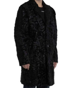 Men’s Persian Lamb Fur Mid Length Black Coat -Us Military Jacket Mens Real Persian Astrakhan Lamb Curly Fur Mid Length Black Coat