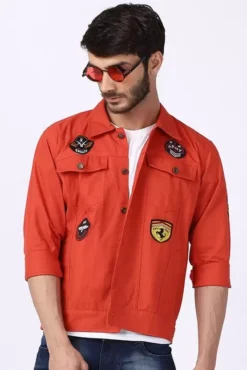Men’s Self Design Orange Denim Military Jacket