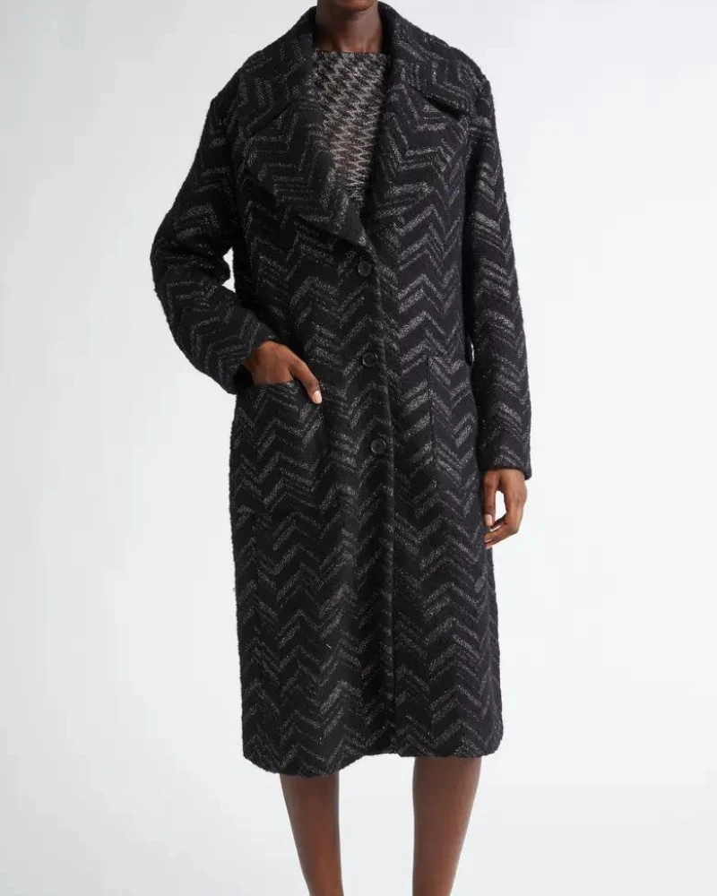 Missoni Black And Silver Chevron Stripe Bouclé Coat 3 Missoni Black And Silver Chevron Stripe Bouclé Coat