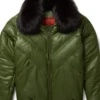 New B-3 Olive Leather V-bomber Jacket For Men With Black Fur Collar