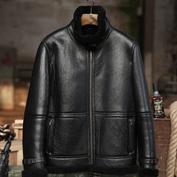 New Men B-3 Black Lambskin Leather Aviator Shearling Jacket 3 New Men B-3 Black Lambskin Leather Aviator Shearling Jacket