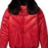 New Men B-3 Red Leather V-bomber Jacket With Black Fur Collar