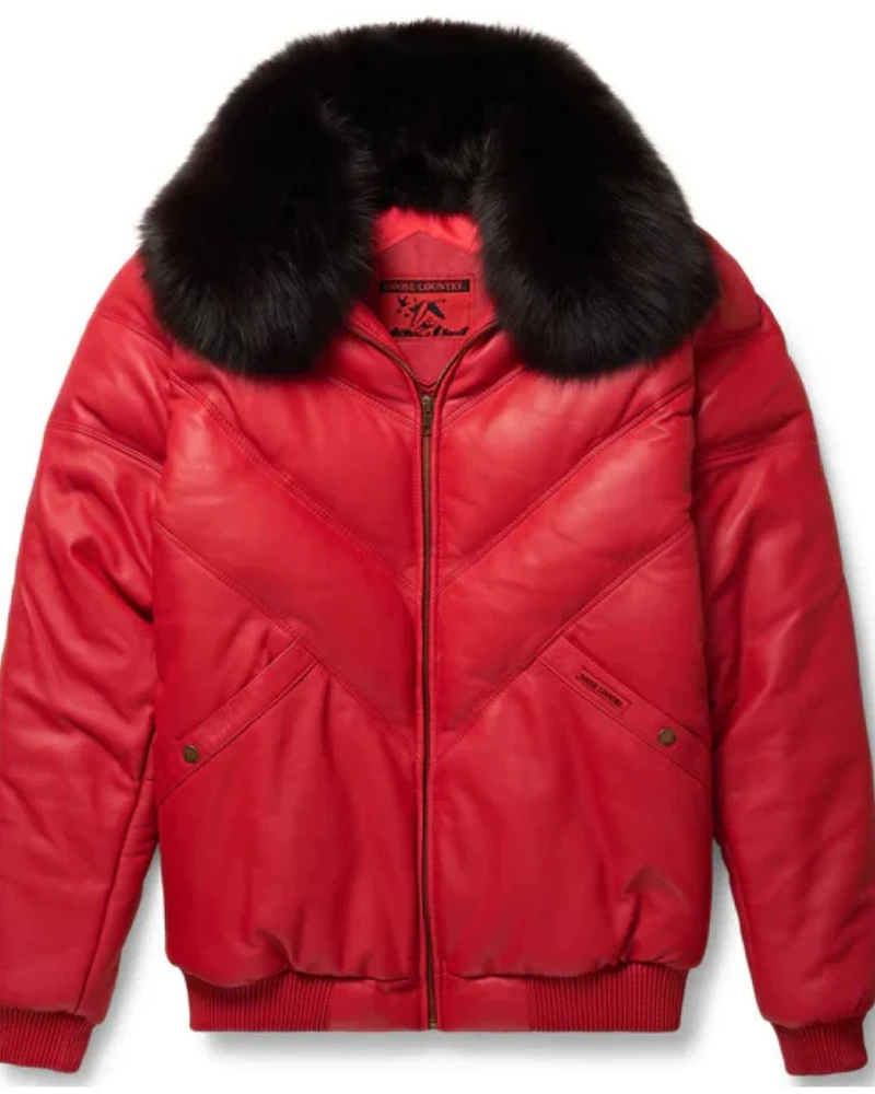 New Men B-3 Red Leather V-bomber Jacket With Black Fur Collar 3 New Men B-3 Red Leather V-bomber Jacket With Black Fur Collar