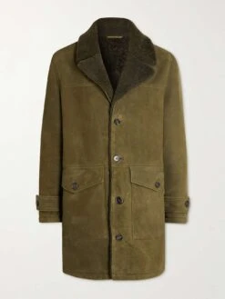 Olive Green Slim-Fit Suede Coat