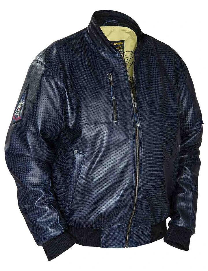 Perforated Ma-1 Navy Blue Leather Bomber Jacket 3 Perforated Ma-1 Navy Blue Leather Bomber Jacket