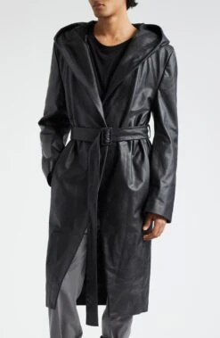 Rick Owens Black Hooded Leather Wrap Coat