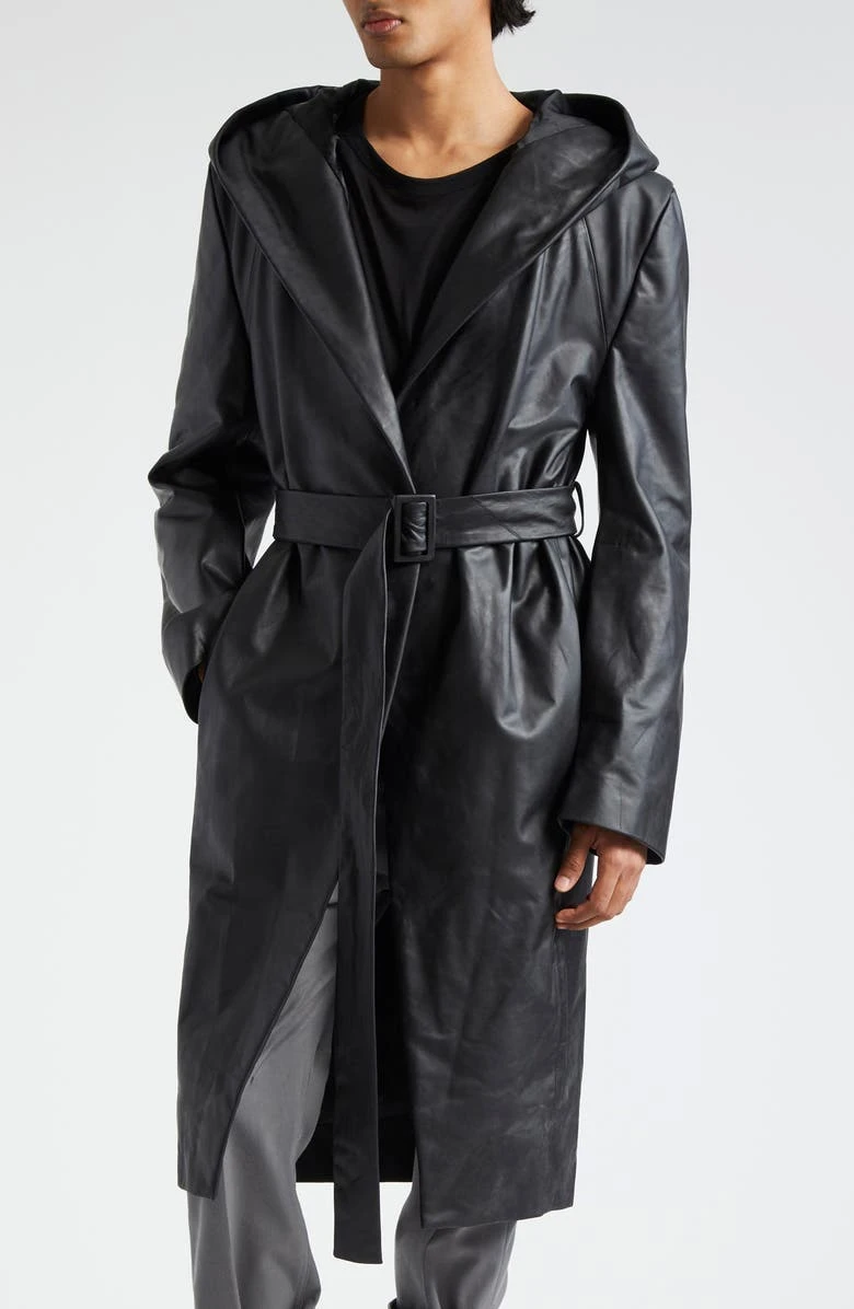 Rick Owens Black Hooded Leather Wrap Coat 3 Rick Owens Black Hooded Leather Wrap Coat