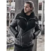 Rogers Double Collar Biker Aviator Black Leather Jacket -Us Military Jacket Rogers Asymmetrical Zipper Double Collar Biker Shearling Fur Aviator Black Leather Jacket