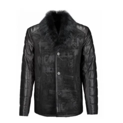 Single Breasted Sheepskin Graffiti Black Coat