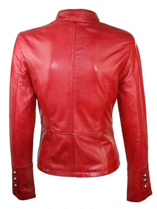 Women Slim Fit Military Style Red Leather Parade Jacket 4 Women Slim Fit Military Style Red Leather Parade Jacket - Image 2
