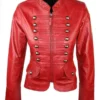 Women Slim Fit Military Style Red Leather Parade Jacket