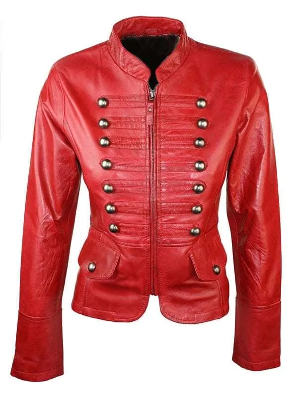 Women Slim Fit Military Style Red Leather Parade Jacket 3 Women Slim Fit Military Style Red Leather Parade Jacket