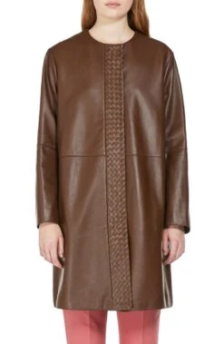 Weekend Max Mara Geyser Woven Placket Tobacco Leather Coat