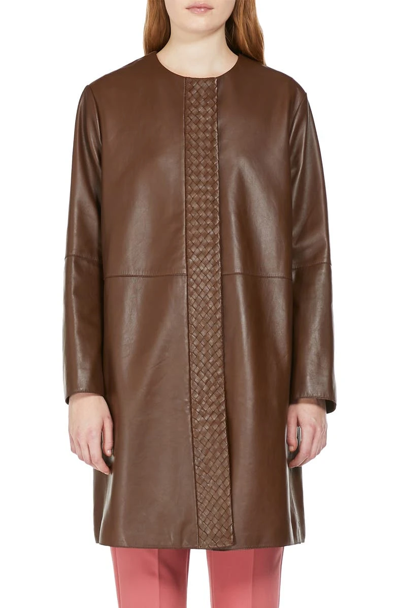 Weekend Max Mara Geyser Woven Placket Tobacco Leather Coat 3 Weekend Max Mara Geyser Woven Placket Tobacco Leather Coat