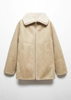 Women’s Beige Leather Shearling-lined Coat With Zip