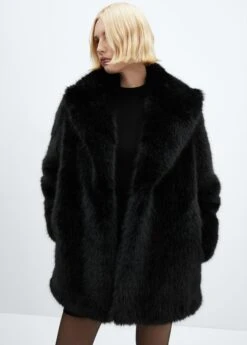 Women’s Black Lapels Faux Fur Coat
