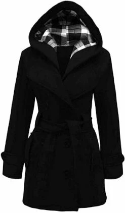 Women’s Checkered Hooded Style Black Trench Coat
