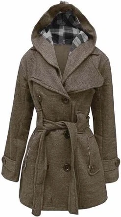 Women’s Checkered Hooded Style Charcoal Trench Coat